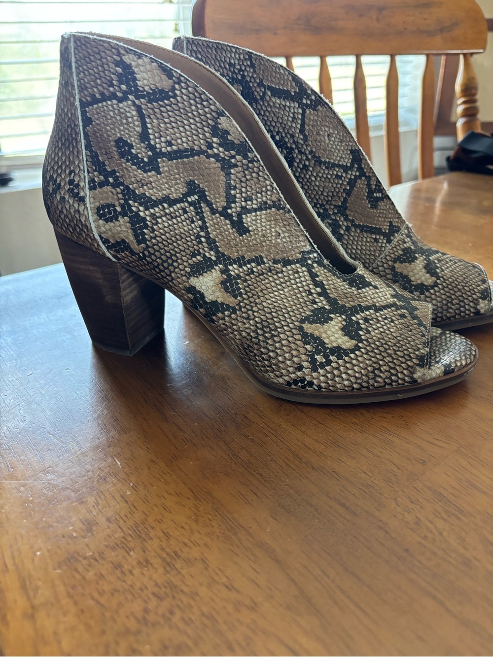 Lucky Brand Snake-Print Peep Toe Block Heel Booties in Taupe and Black